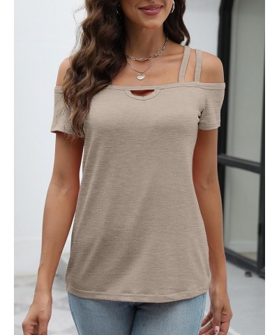 Womens Cold Shoulder Tops for Women Summer Sexy Cut Out Tops Short Sleeve Criss Cross Casual Shirts Khaki $12.74 T-Shirts