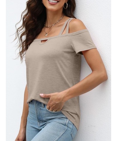 Womens Cold Shoulder Tops for Women Summer Sexy Cut Out Tops Short Sleeve Criss Cross Casual Shirts Khaki $12.74 T-Shirts