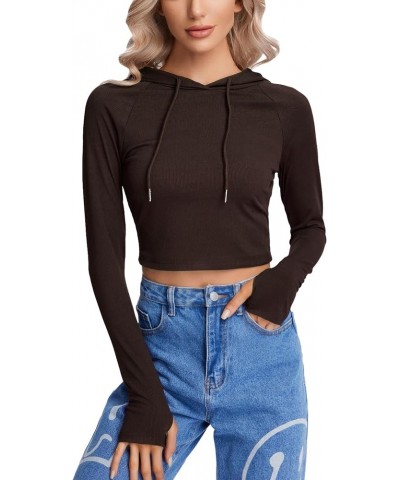 Women's Long Sleeve Drawstring Crop Hoodie Workout Sweatshirt with Thumb Holes Chocolate Brown $15.80 Hoodies & Sweatshirts