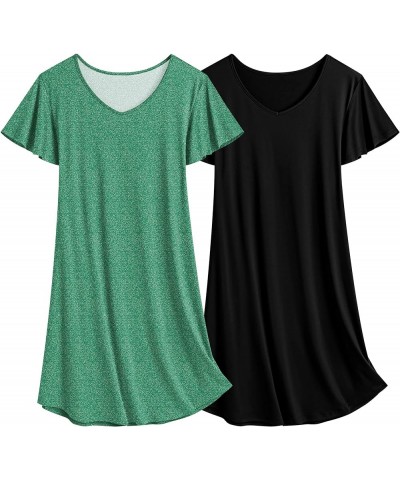 2 Pack Nightgowns for Women Flare Short Sleeve Sleepshirt V Neck Sleepwear Plain/Floral Print Pajama Dress 2pack-black+ Green...