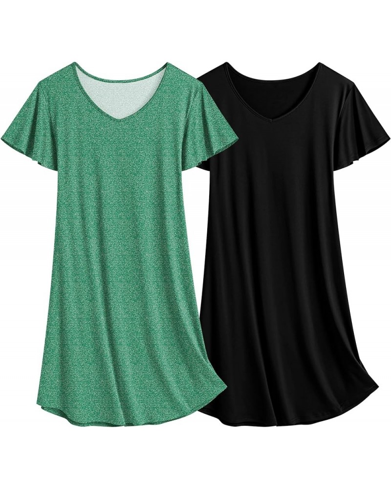 2 Pack Nightgowns for Women Flare Short Sleeve Sleepshirt V Neck Sleepwear Plain/Floral Print Pajama Dress 2pack-black+ Green...