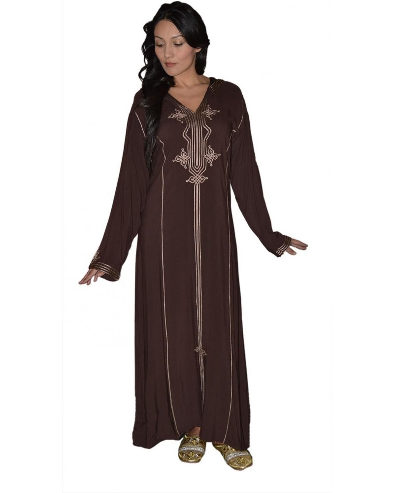 Moroccan Caftans Women Hand Made Djellaba Embroidered Size Large Dark Brown $20.25 Dresses