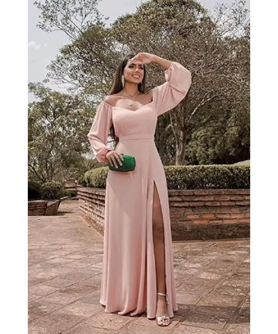 Long Sleeve Off The Shoulder Bridesmaid Dresses Chiffon Long Prom Formal Dress with Slit Evening Party Gown Desert Rose $35.2...