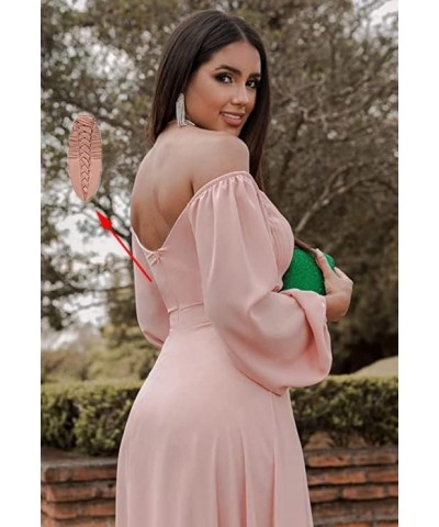 Long Sleeve Off The Shoulder Bridesmaid Dresses Chiffon Long Prom Formal Dress with Slit Evening Party Gown Desert Rose $35.2...