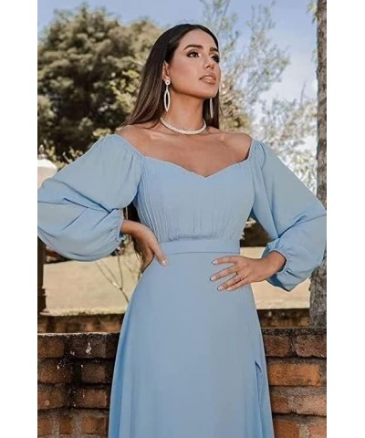 Long Sleeve Off The Shoulder Bridesmaid Dresses Chiffon Long Prom Formal Dress with Slit Evening Party Gown Desert Rose $35.2...