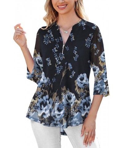 Women's 3/4 Sleeve Shirts Zip Floral Casual Tunic Tops Double Layers Mesh V Neck Blouse A-color 368 $13.49 Tops