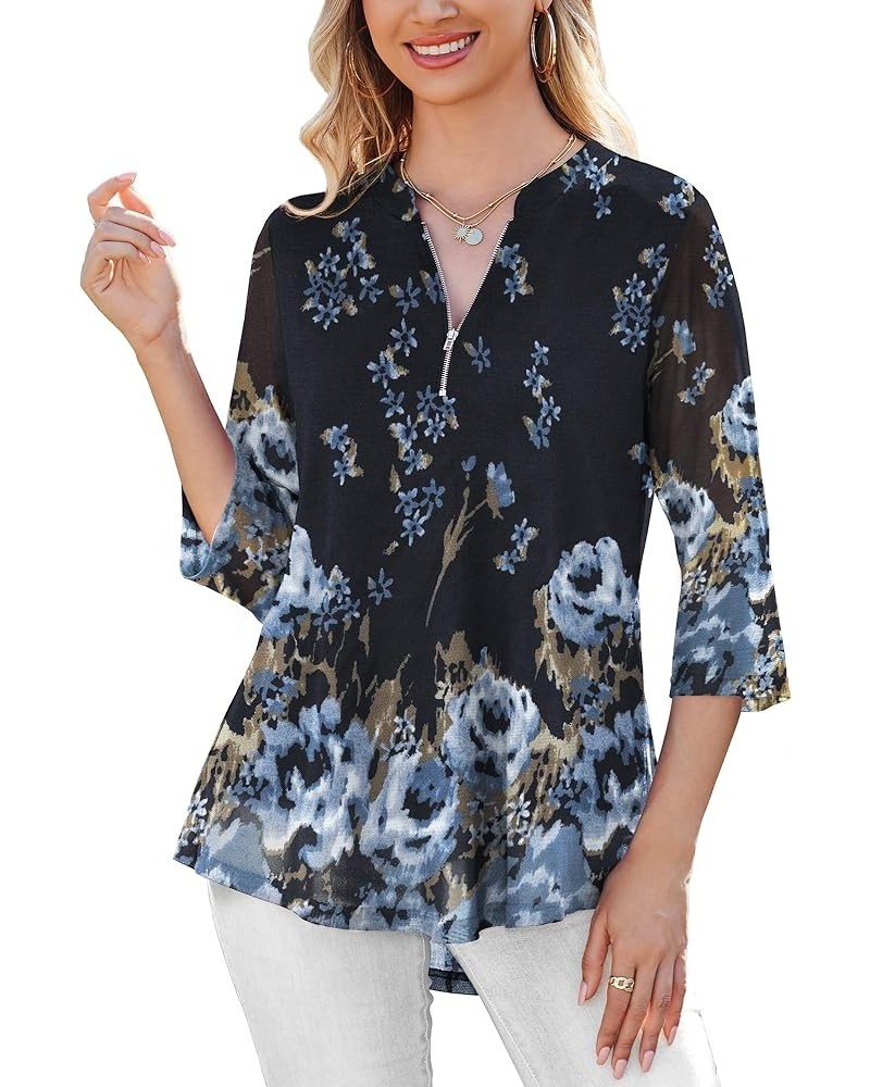 Women's 3/4 Sleeve Shirts Zip Floral Casual Tunic Tops Double Layers Mesh V Neck Blouse A-color 368 $13.49 Tops