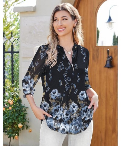 Women's 3/4 Sleeve Shirts Zip Floral Casual Tunic Tops Double Layers Mesh V Neck Blouse A-color 368 $13.49 Tops