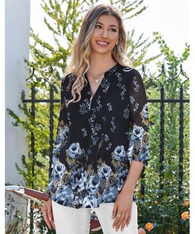 Women's 3/4 Sleeve Shirts Zip Floral Casual Tunic Tops Double Layers Mesh V Neck Blouse A-color 368 $13.49 Tops