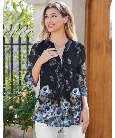 Women's 3/4 Sleeve Shirts Zip Floral Casual Tunic Tops Double Layers Mesh V Neck Blouse A-color 368 $13.49 Tops