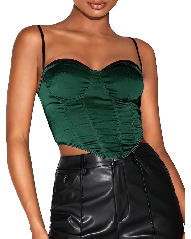 Women's Color Block Sexy Corset Crop Top Spaghetti Strap Hanky Hem Bustier Tops Dark Green $11.88 Tanks