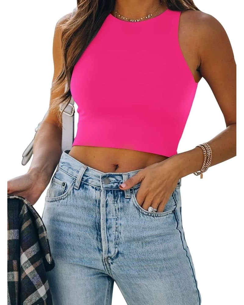 Women's Sexy Sleeveless Racer Back Tank Tops Halter Neck Crop Tops Neon Rose Red $14.99 Tanks