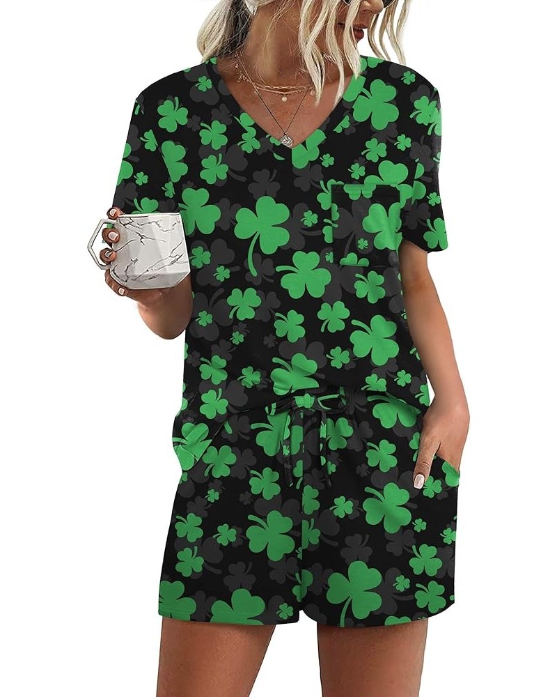 Women's Short Sleeve Pajama Sets with Pockets Casual V Neck 2 Piece Lounge Sets S-3XL Clover $13.06 Sleep & Lounge