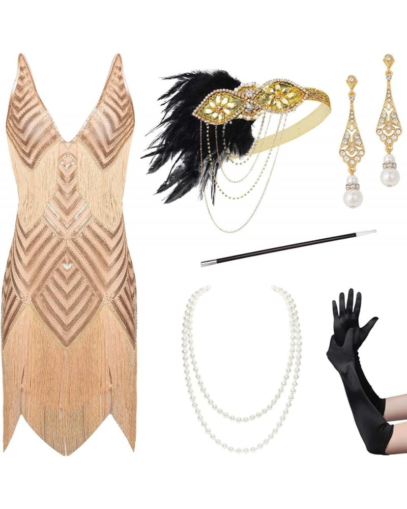 Women's 1920s Flapper Dress V Neck Slip Dress Roaring 20s Great Gatsby Dress for Party 2 Set - Rose Gold $26.95 Dresses
