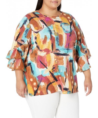 Women's 3 Quarters Sleeve Scoop Neck Top Abstract Multi $10.02 Blouses
