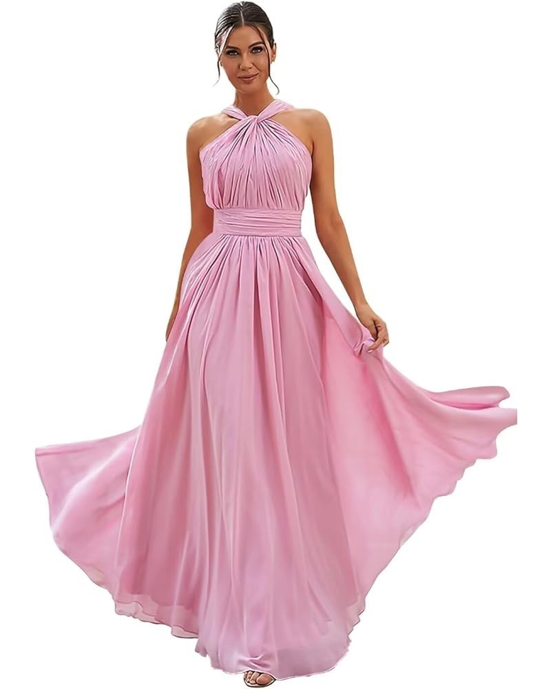 Long Halter Bridesmaid Dresses for Women 2024 A-line Maxi Formal Dresses Elegant with Pockets Dark Pink $24.50 Dresses