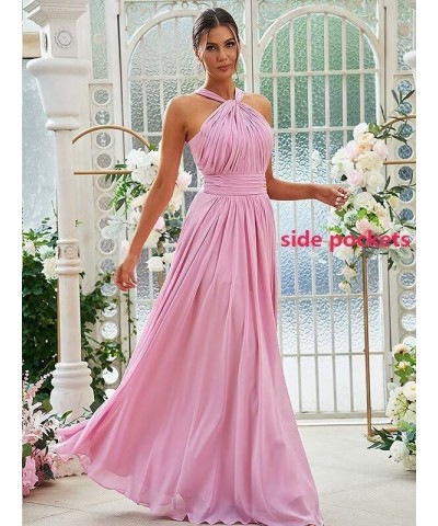 Long Halter Bridesmaid Dresses for Women 2024 A-line Maxi Formal Dresses Elegant with Pockets Dark Pink $24.50 Dresses