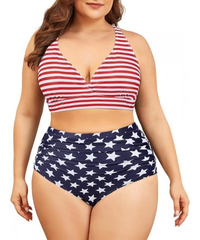 Womens Plus Size Bikini Tummy Control Swimsuits Two Piece Bathing Suits High Waisted Swimwear American Flag $13.34 Swimsuits