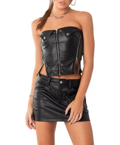 Women Sexy Two Piece Skirt Sets Strapless Hollow Out Tube Tops Bodycon Mini Skirts Night Party Club Outfit Pu Leather Black $...