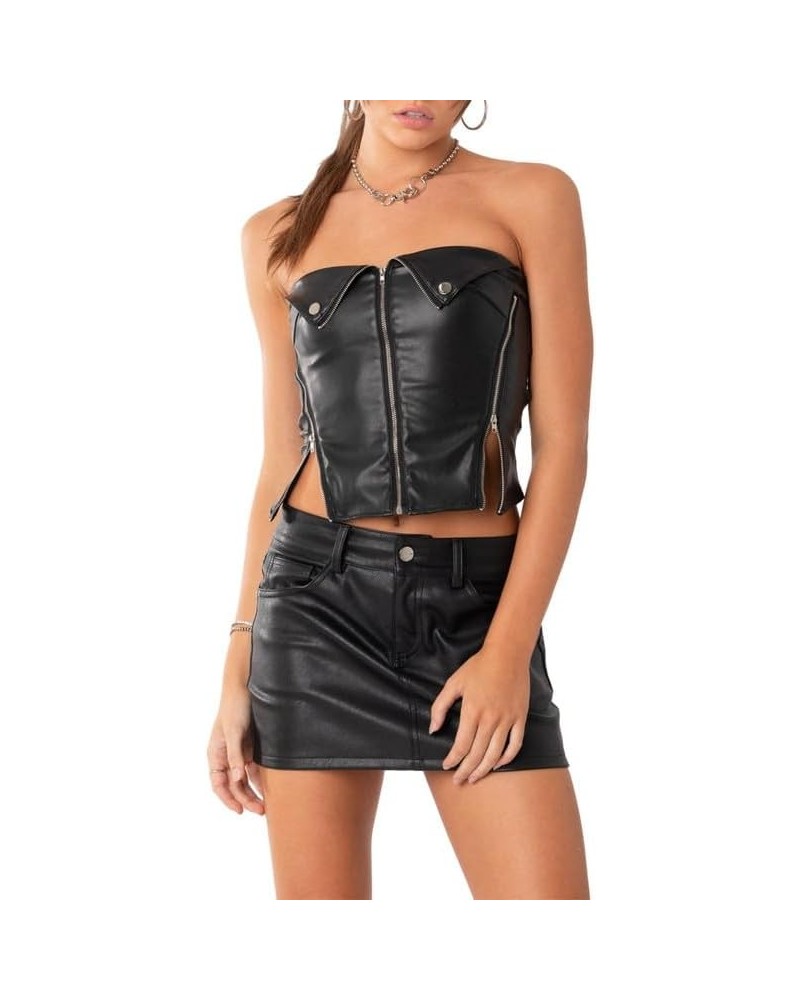 Women Sexy Two Piece Skirt Sets Strapless Hollow Out Tube Tops Bodycon Mini Skirts Night Party Club Outfit Pu Leather Black $...