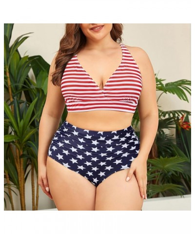 Womens Plus Size Bikini Tummy Control Swimsuits Two Piece Bathing Suits High Waisted Swimwear American Flag $13.34 Swimsuits