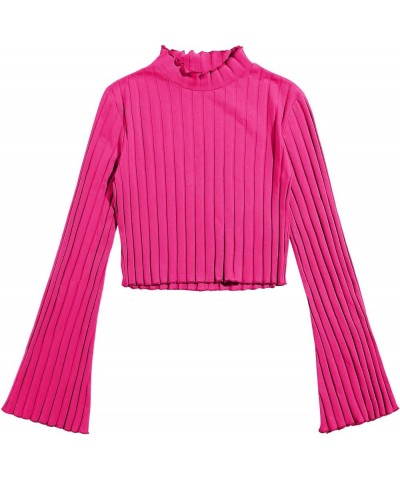 Women's Long Flounce Sleeve Crop Top Stand Collar Ribbed Knit T-Shirt Solid Hot Pink $9.89 T-Shirts