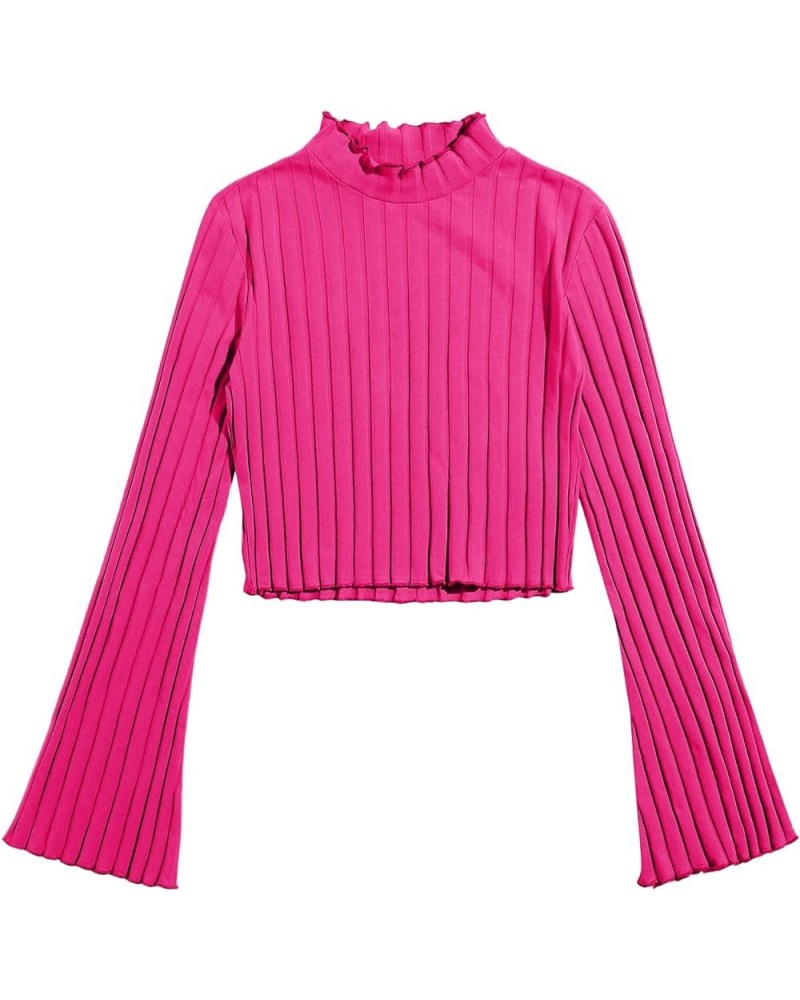 Women's Long Flounce Sleeve Crop Top Stand Collar Ribbed Knit T-Shirt Solid Hot Pink $9.89 T-Shirts