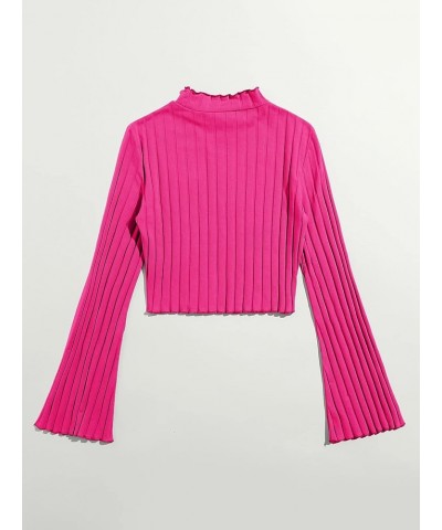 Women's Long Flounce Sleeve Crop Top Stand Collar Ribbed Knit T-Shirt Solid Hot Pink $9.89 T-Shirts