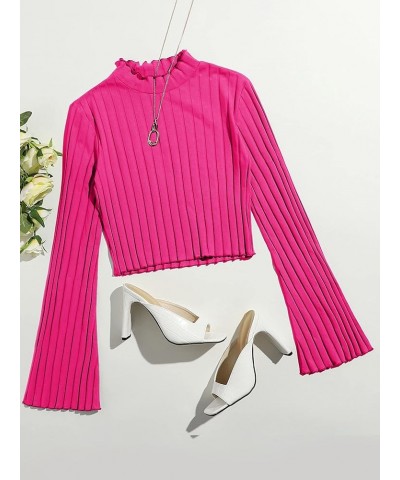 Women's Long Flounce Sleeve Crop Top Stand Collar Ribbed Knit T-Shirt Solid Hot Pink $9.89 T-Shirts