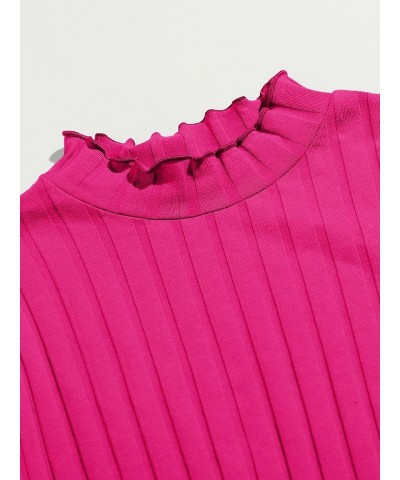 Women's Long Flounce Sleeve Crop Top Stand Collar Ribbed Knit T-Shirt Solid Hot Pink $9.89 T-Shirts