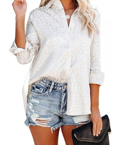 Leopard Stain Button Down Shirts for Women Roll Up Long Sleeve V Neck Casual Work Shirts White $11.59 Blouses