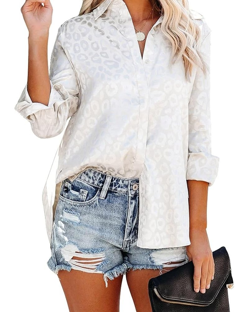 Leopard Stain Button Down Shirts for Women Roll Up Long Sleeve V Neck Casual Work Shirts White $11.59 Blouses