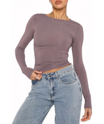 Going Out Tops for Women Long Sleeve Dupes Crop Top T-Shirt Basic Solid Y2K Slim Fit Cropped Shirt Workout Yoga E Brown $7.97...