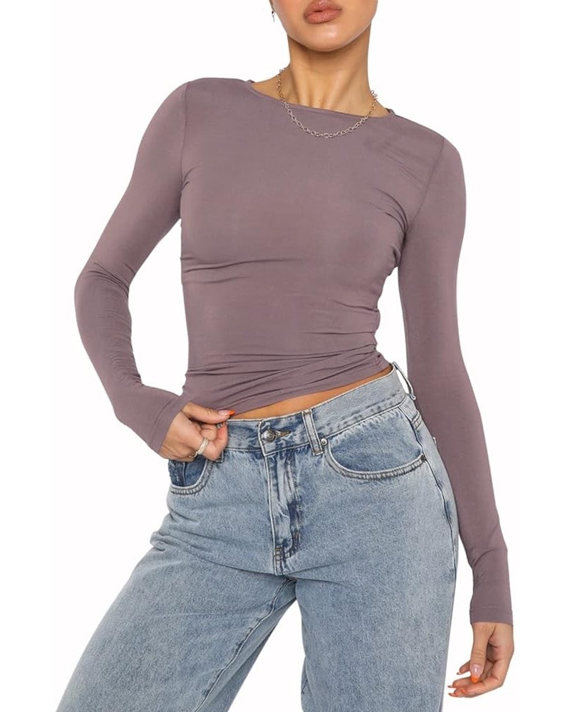 Going Out Tops for Women Long Sleeve Dupes Crop Top T-Shirt Basic Solid Y2K Slim Fit Cropped Shirt Workout Yoga E Brown $7.97...