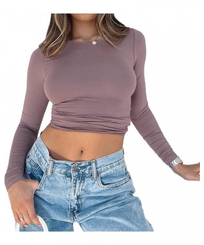 Going Out Tops for Women Long Sleeve Dupes Crop Top T-Shirt Basic Solid Y2K Slim Fit Cropped Shirt Workout Yoga E Brown $7.97...