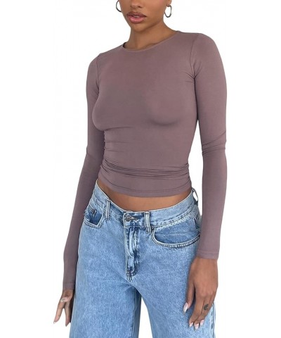 Going Out Tops for Women Long Sleeve Dupes Crop Top T-Shirt Basic Solid Y2K Slim Fit Cropped Shirt Workout Yoga E Brown $7.97...