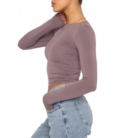 Going Out Tops for Women Long Sleeve Dupes Crop Top T-Shirt Basic Solid Y2K Slim Fit Cropped Shirt Workout Yoga E Brown $7.97...