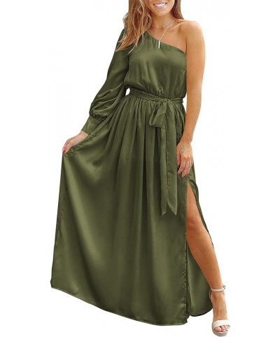 Women's Satin Long Sleeve One Shoulder Maxi Dress Asymmetrical Tie Waist Slit Party Cocktail Long Formal Prom Dress Olive Gre...
