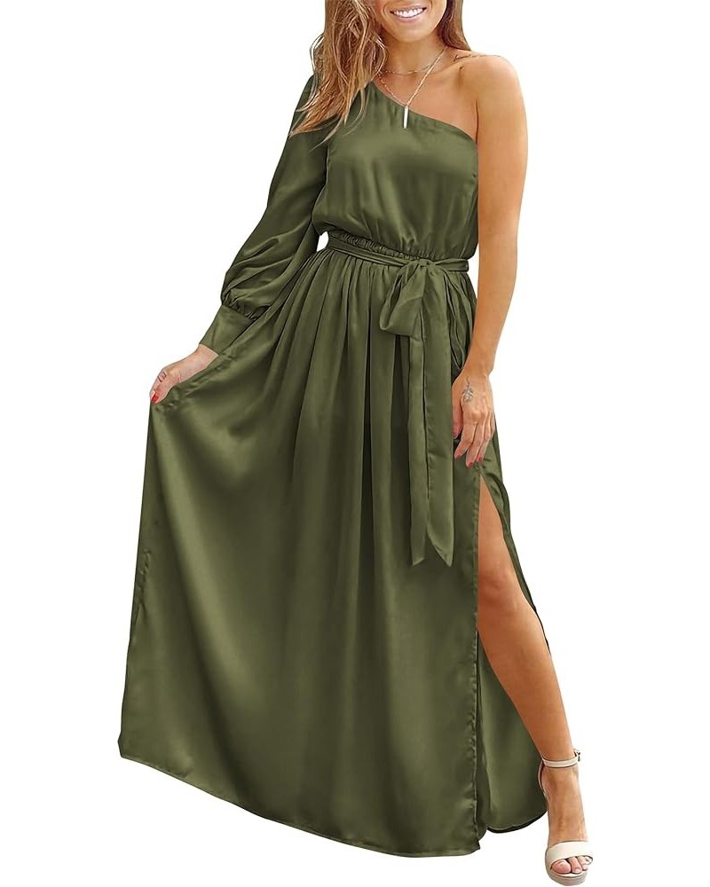 Women's Satin Long Sleeve One Shoulder Maxi Dress Asymmetrical Tie Waist Slit Party Cocktail Long Formal Prom Dress Olive Gre...