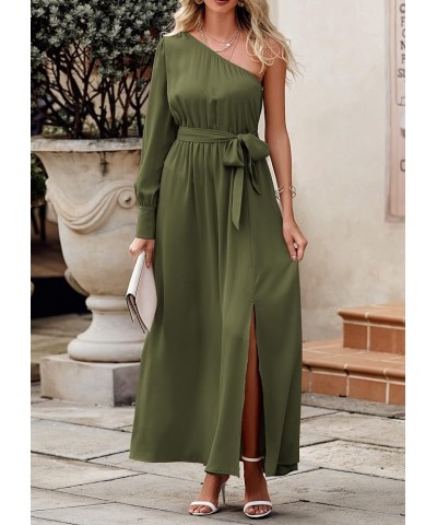 Women's Satin Long Sleeve One Shoulder Maxi Dress Asymmetrical Tie Waist Slit Party Cocktail Long Formal Prom Dress Olive Gre...