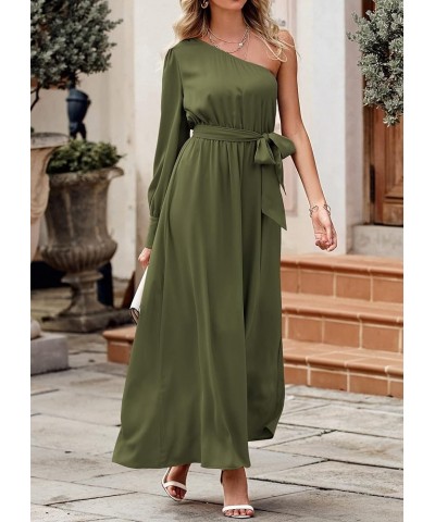 Women's Satin Long Sleeve One Shoulder Maxi Dress Asymmetrical Tie Waist Slit Party Cocktail Long Formal Prom Dress Olive Gre...