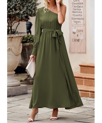 Women's Satin Long Sleeve One Shoulder Maxi Dress Asymmetrical Tie Waist Slit Party Cocktail Long Formal Prom Dress Olive Gre...