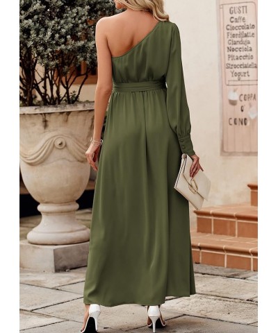 Women's Satin Long Sleeve One Shoulder Maxi Dress Asymmetrical Tie Waist Slit Party Cocktail Long Formal Prom Dress Olive Gre...