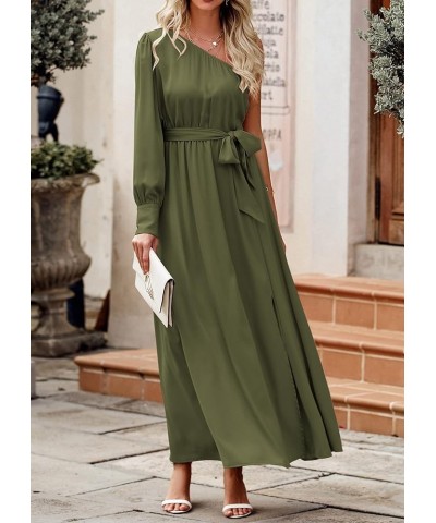 Women's Satin Long Sleeve One Shoulder Maxi Dress Asymmetrical Tie Waist Slit Party Cocktail Long Formal Prom Dress Olive Gre...