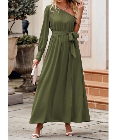 Women's Satin Long Sleeve One Shoulder Maxi Dress Asymmetrical Tie Waist Slit Party Cocktail Long Formal Prom Dress Olive Gre...