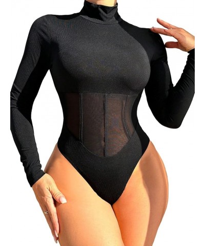 Women's High Neck Mesh Insert Tee Bodysuits Long Sleeve Casual See Through Leotard Tops Black $13.05 Bodysuits