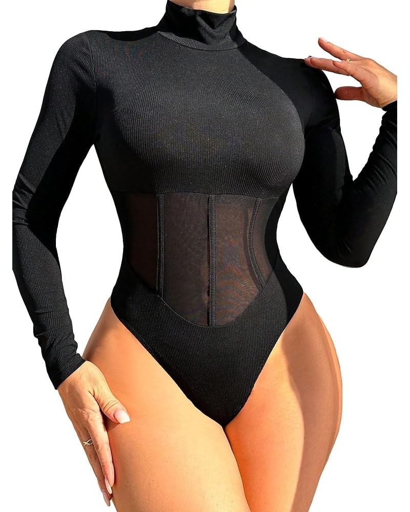 Women's High Neck Mesh Insert Tee Bodysuits Long Sleeve Casual See Through Leotard Tops Black $13.05 Bodysuits