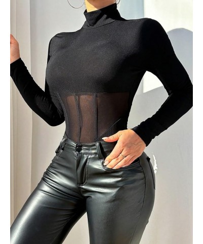 Women's High Neck Mesh Insert Tee Bodysuits Long Sleeve Casual See Through Leotard Tops Black $13.05 Bodysuits