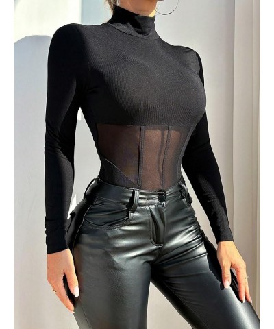 Women's High Neck Mesh Insert Tee Bodysuits Long Sleeve Casual See Through Leotard Tops Black $13.05 Bodysuits