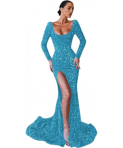 Sparkly Sequin Prom Dresses Long Sleeve Mermaid with Slit Detachable Train V-Neck Satin Formal Evening Gowns A-aqua $36.00 Dr...